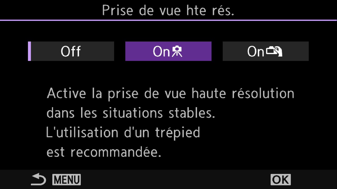 En detail, les possibilités à main levée (50 Mpxl) ou avec un trépied (80 Mpxl), offertes dans les menus de l’OM-1.